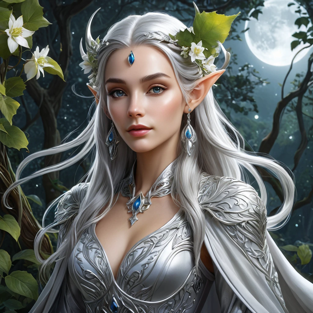 Elven queen with pointed ears and silver hair, dressed in flowing robes of living vines and flowers, in a mystical moonlit glade