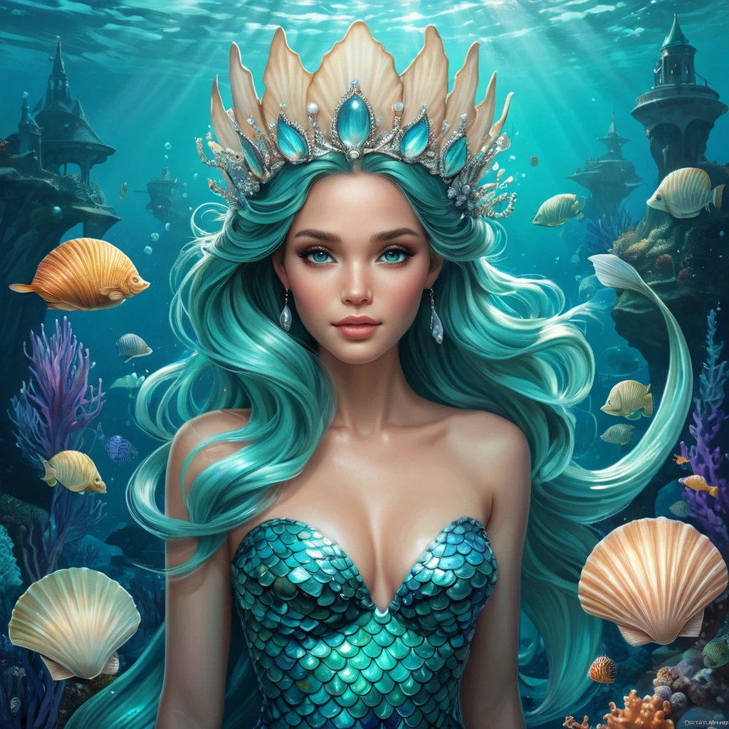 Mermaid queen with iridescent scales and seashell crown, emerging from turquoise waters surrounded by bioluminescent sea creatures