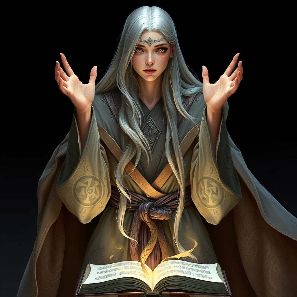 An ancient sorceress with silver hair reaching her waist, wearing robes that swirl with patterns of ancient runes and arcane symbols, her hands poised above an open tome as if preparing to cast a powerful spell.