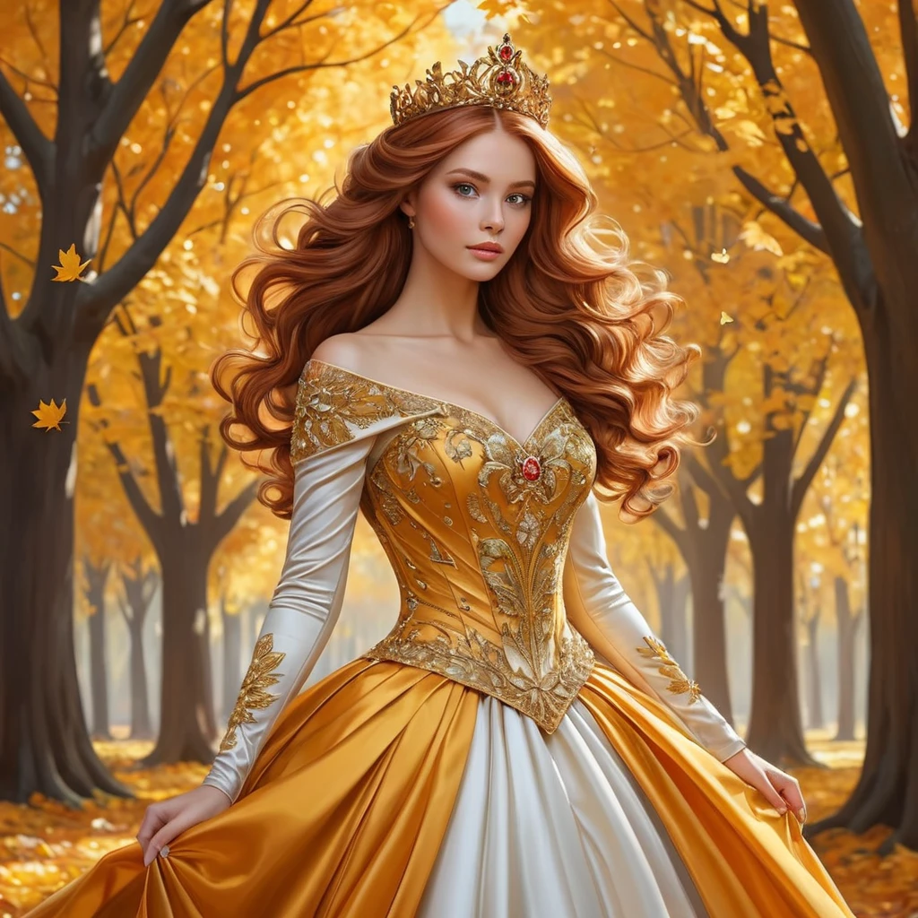 Autumn princess with auburn hair crowned by golden leaves, her dress a swirl of fall colors, in a forest of red and orange trees