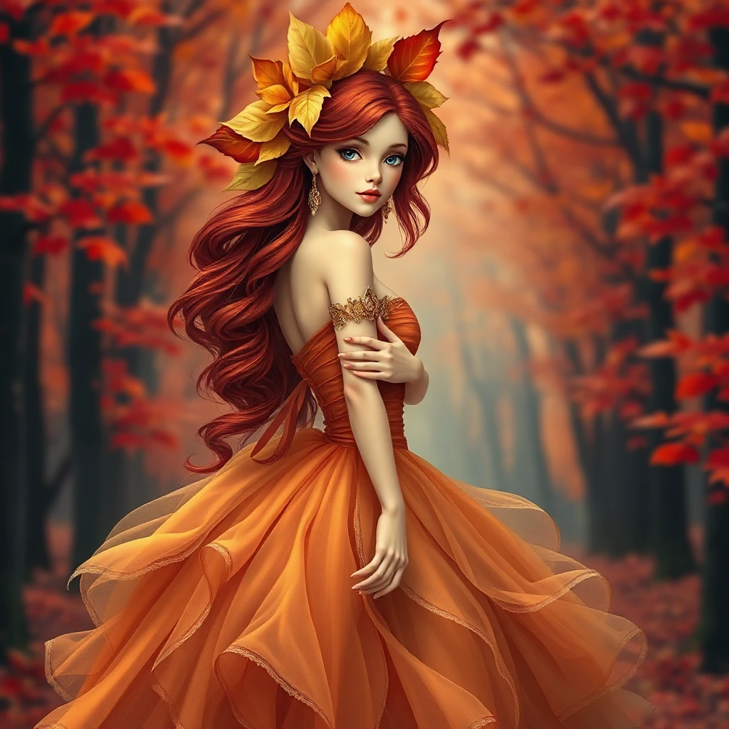 Autumn princess with auburn hair crowned by golden leaves, her dress a swirl of fall colors, in a forest of red and orange trees