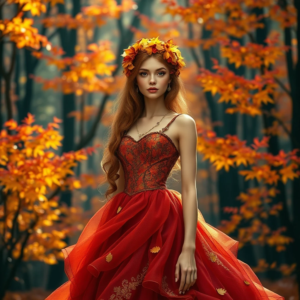 Autumn princess with auburn hair crowned by golden leaves, her dress a swirl of fall colors, in a forest of red and orange trees