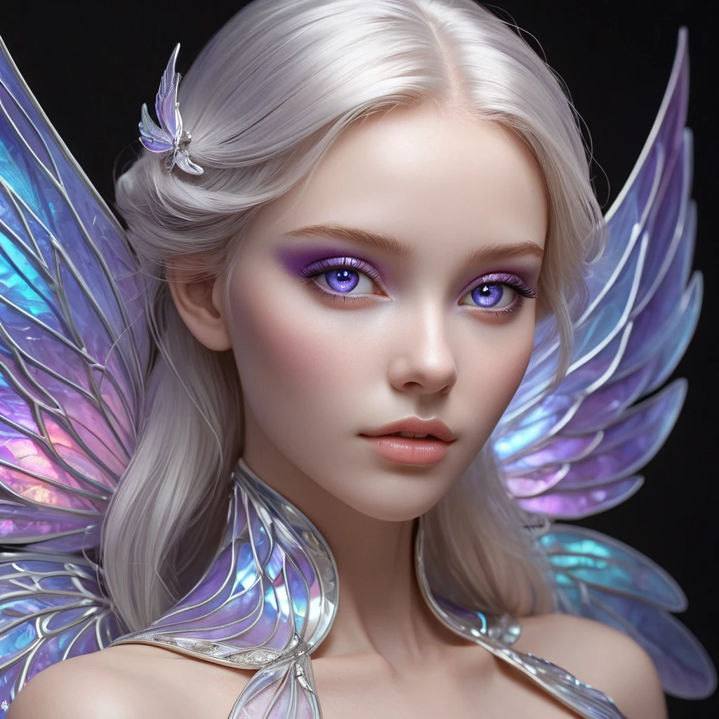 An ethereal fantasy heroine with delicate wings made of iridescent material, glowing with an inner light that casts shadows across her porcelain skin and highlights her striking violet eyes.