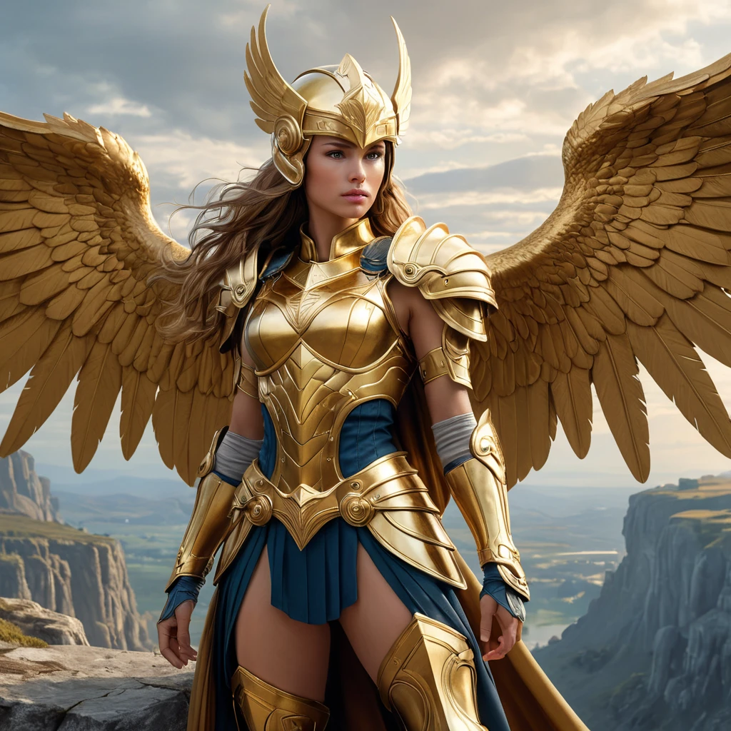 A valkyrie with golden armor and a majestic winged helmet, standing on a cliff overlooking a battlefield