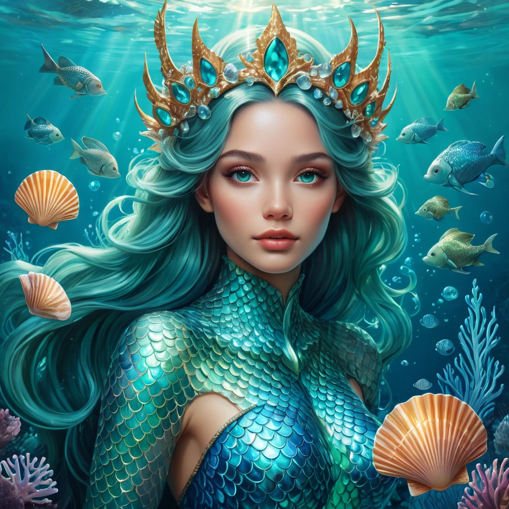 Mermaid queen with iridescent scales and seashell crown, emerging from turquoise waters surrounded by bioluminescent sea creatures