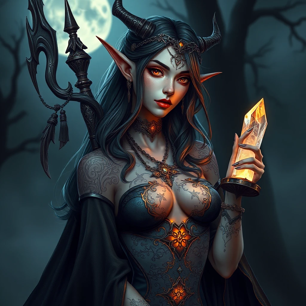 A dark elf queen with intricate tattoos glowing in the moonlight, holding a crystal staff