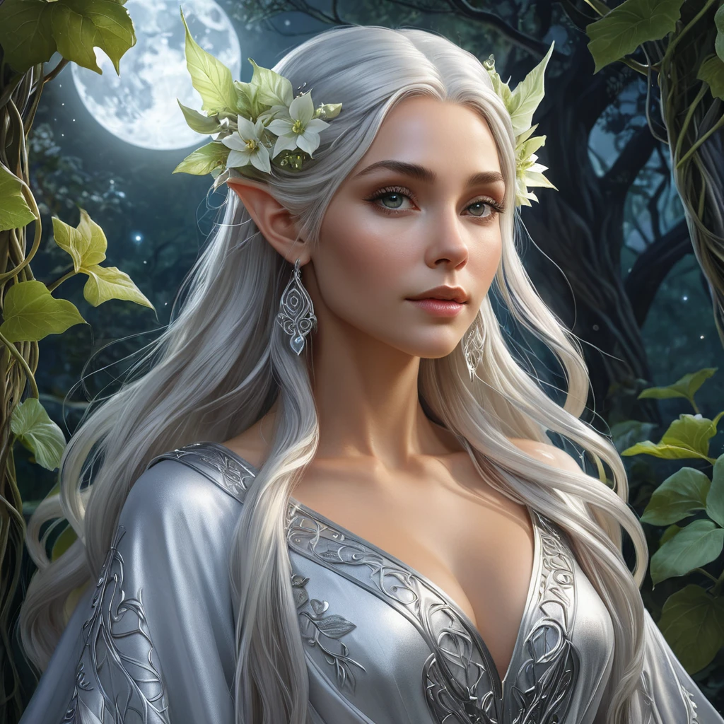 Elven queen with pointed ears and silver hair, dressed in flowing robes of living vines and flowers, in a mystical moonlit glade