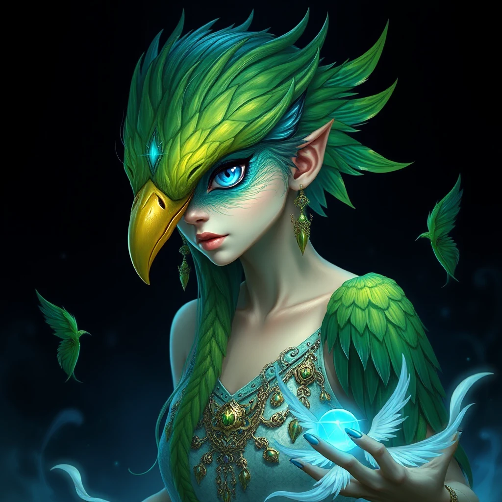 A mythical creature of legend, half-human, half-bird, with stunning green plumage and striking blue eyes, surrounded by a mystical aura that makes her appear almost otherworldly.