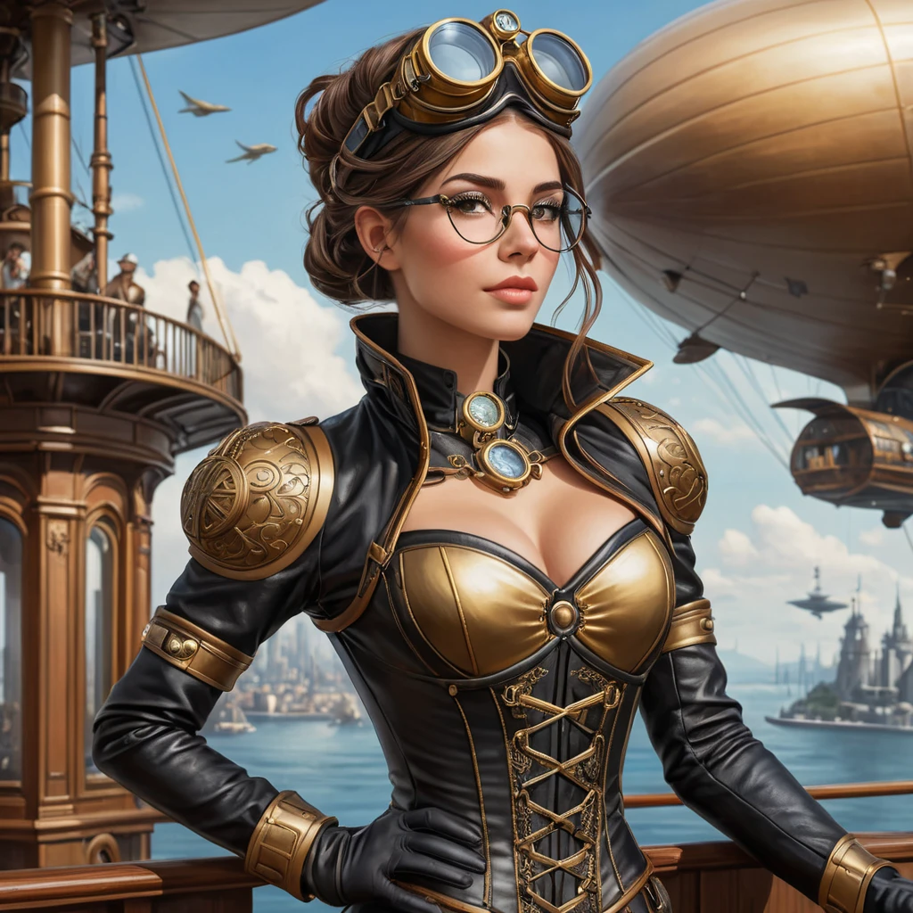 Steampunk princess in a brass and leather corset, goggles atop her head, standing on the deck of a floating airship city