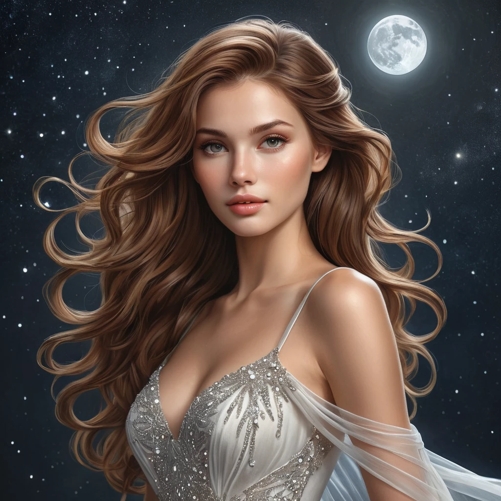 A serene fantasy woman with waist-length chestnut brown hair that frames her delicate features and contrasts beautifully with her soft, flowing dress that sparkles like star dust under the moonlight.