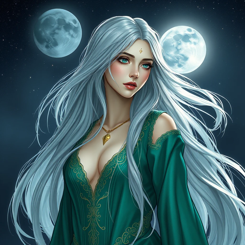 A captivating fantasy woman with long, flowing silver hair that cascades down her back like moonlight captured in silk, wearing intricate, shimmering robes of deep emerald green, set against a backdrop of starlit skies.