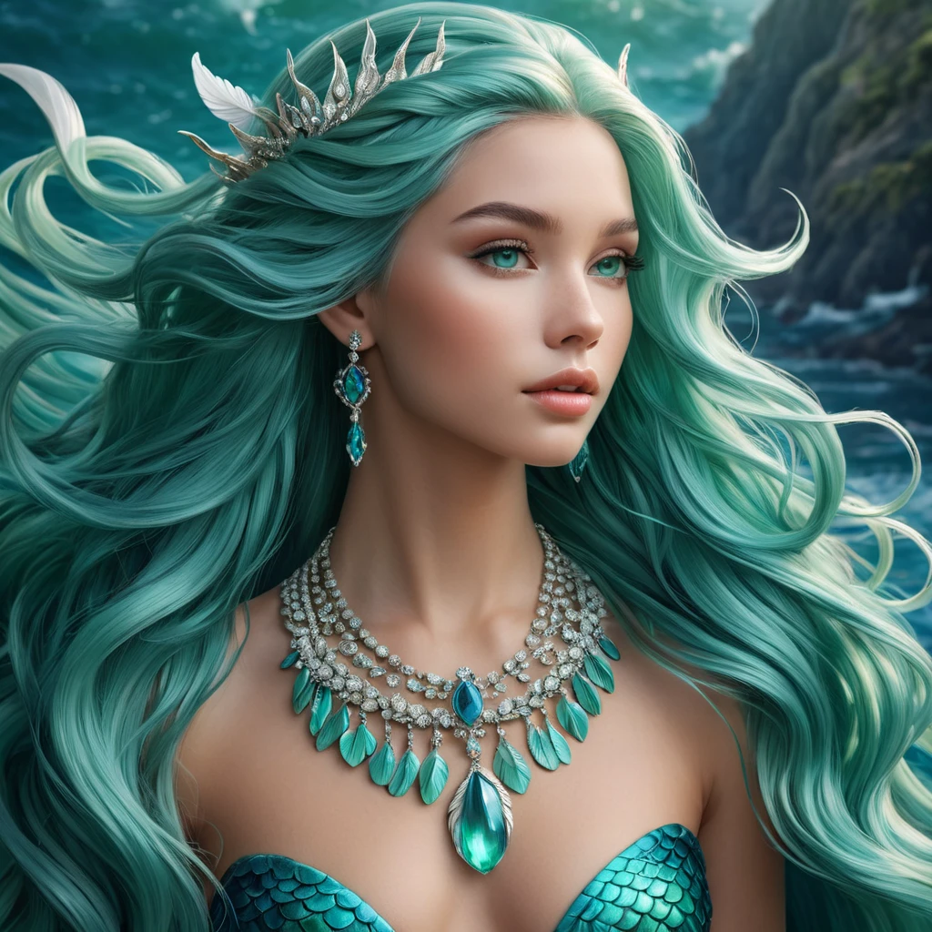 A mermaid queen with long, cascading seafoam green hair that frames her delicate face and cascades around her in soft waves, dressed in a regal trident necklace and shimmering ocean-blue tail feathers.