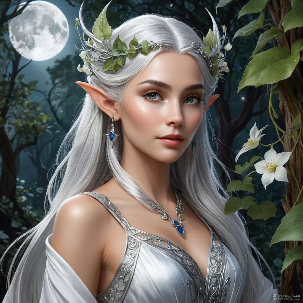 Elven queen with pointed ears and silver hair, dressed in flowing robes of living vines and flowers, in a mystical moonlit glade