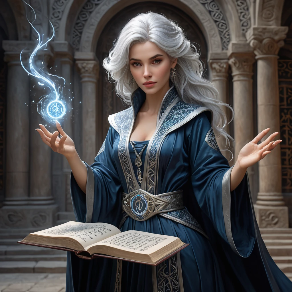 An ancient sorceress with silver hair reaching her waist, wearing robes that swirl with patterns of ancient runes and arcane symbols, her hands poised above an open tome as if preparing to cast a powerful spell.