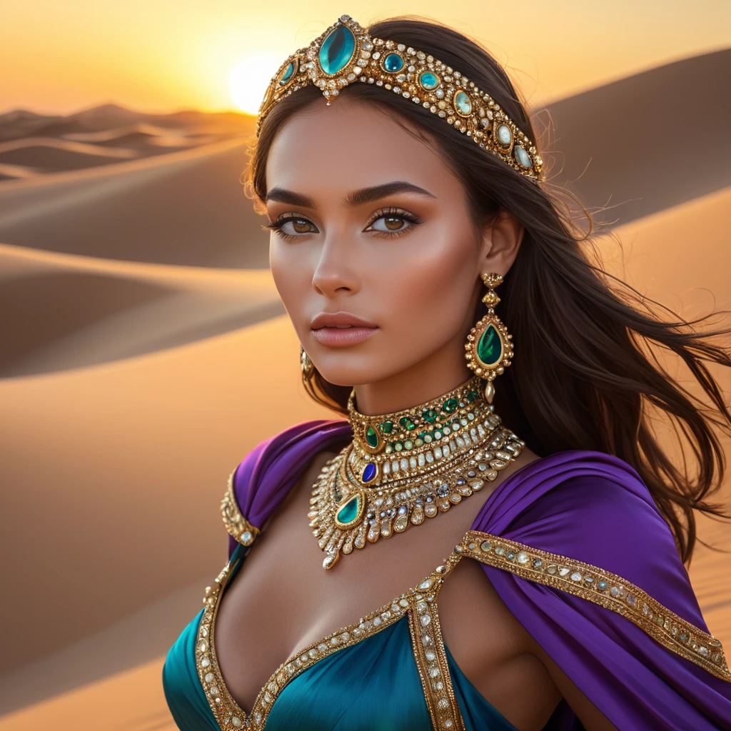 Desert queen with sun-kissed skin and kohl-rimmed eyes, adorned in jewel-toned silks and gold, atop a sand dune at sunset