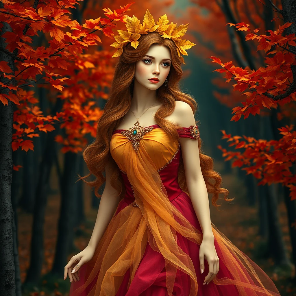 Autumn princess with auburn hair crowned by golden leaves, her dress a swirl of fall colors, in a forest of red and orange trees