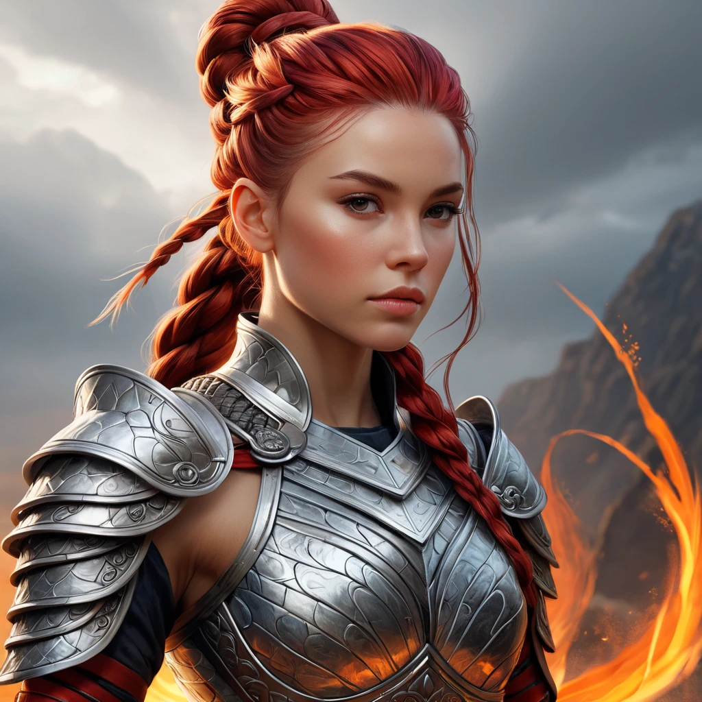 A warrior woman from a forgotten realm, clad in gleaming armor crafted from the scales of mythical beasts, her hair tied back in a fierce braid, with fiery red streaks running through it, facing forward with determination etched on her face.