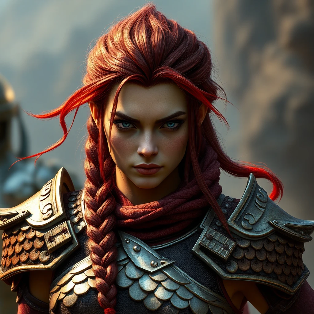 A warrior woman from a forgotten realm, clad in gleaming armor crafted from the scales of mythical beasts, her hair tied back in a fierce braid, with fiery red streaks running through it, facing forward with determination etched on her face.