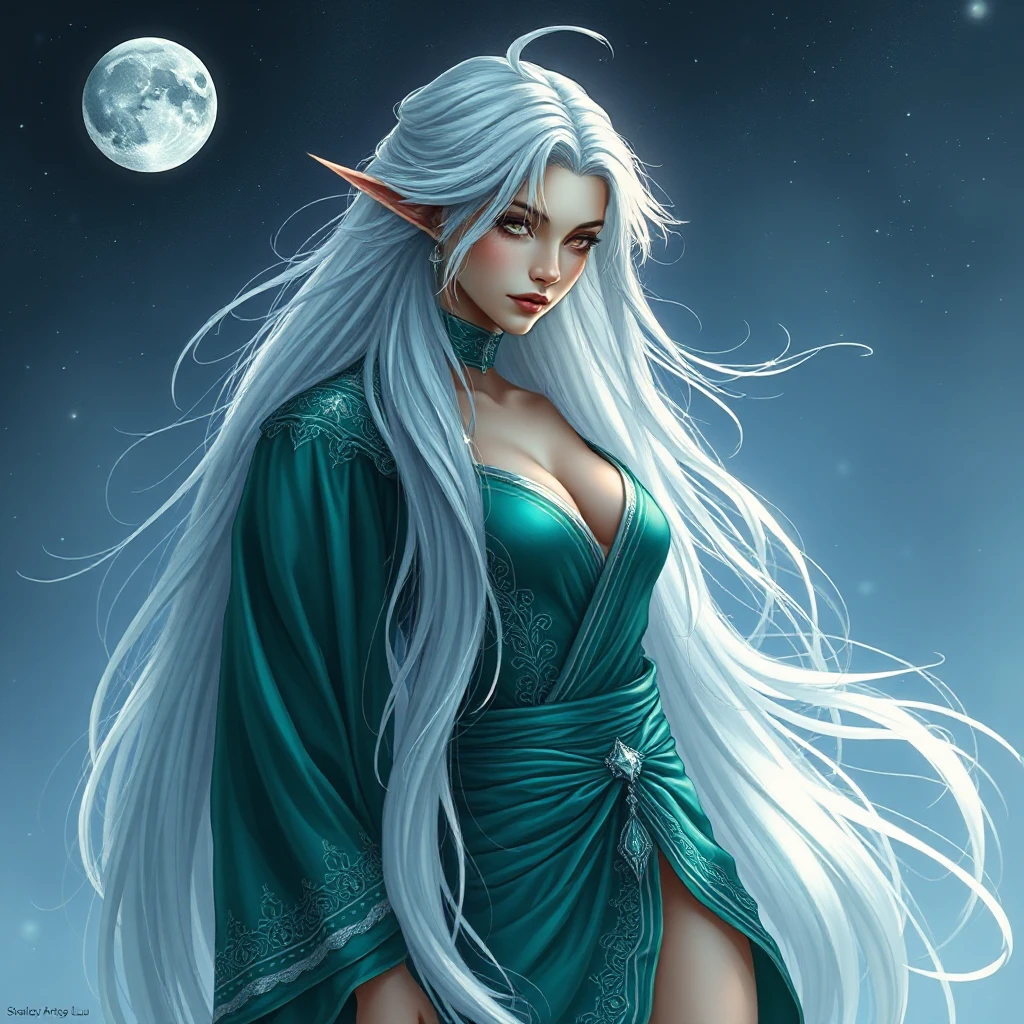 A captivating fantasy woman with long, flowing silver hair that cascades down her back like moonlight captured in silk, wearing intricate, shimmering robes of deep emerald green, set against a backdrop of starlit skies.