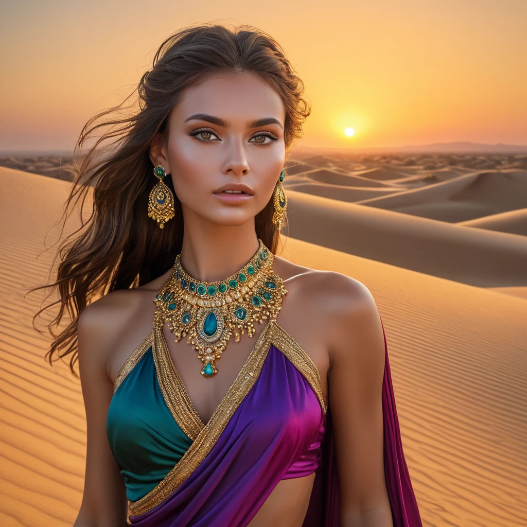 Desert queen with sun-kissed skin and kohl-rimmed eyes, adorned in jewel-toned silks and gold, atop a sand dune at sunset