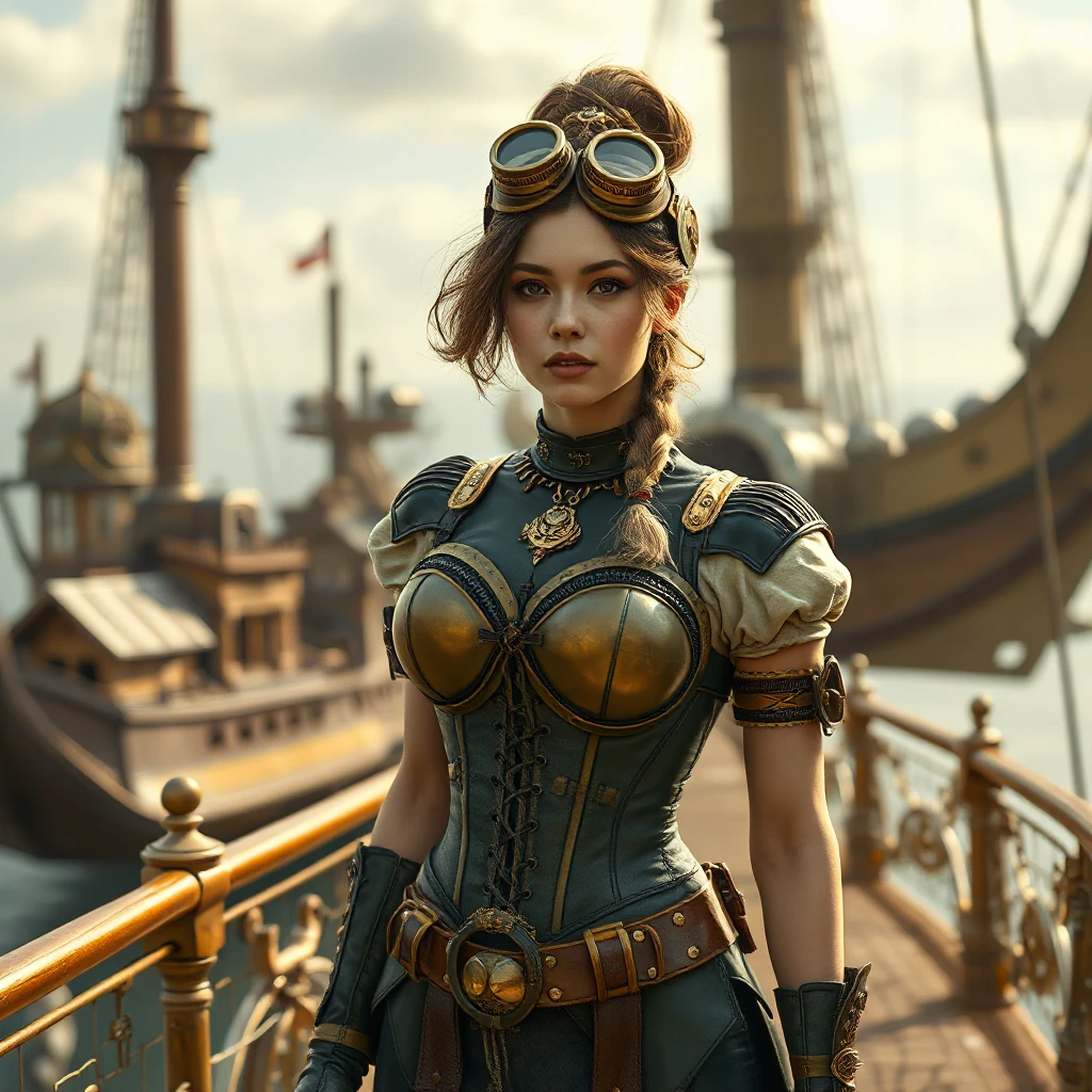 Steampunk princess in a brass and leather corset, goggles atop her head, standing on the deck of a floating airship city