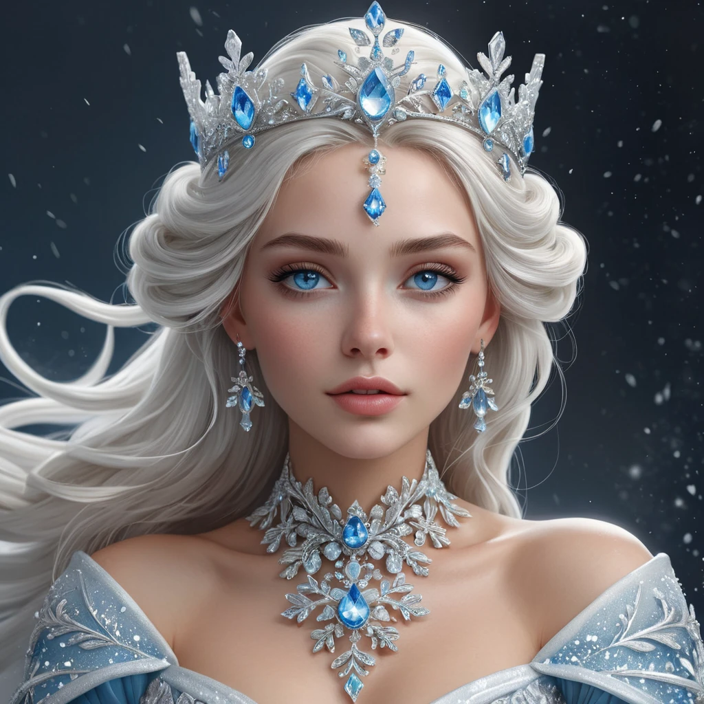 Regal ice queen with piercing blue eyes and frost-tipped hair, wearing a crystalline crown and a gown of swirling snowflakes