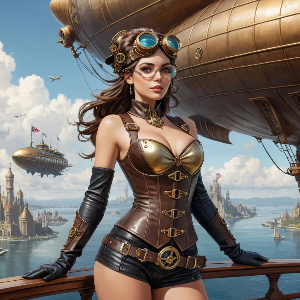 Steampunk princess in a brass and leather corset, goggles atop her head, standing on the deck of a floating airship city