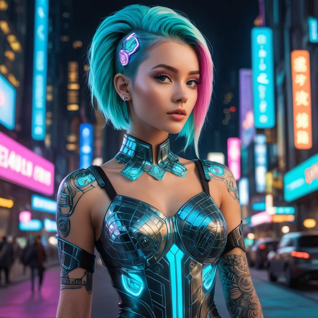 Futuristic cyber-princess with neon hair and glowing tattoos, wearing a holographic dress in a neon-lit megacity