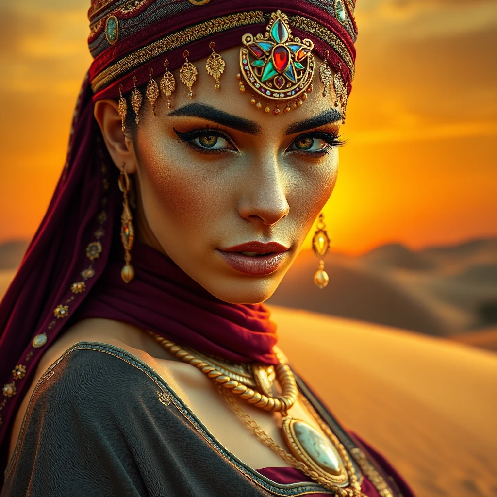 Desert queen with sun-kissed skin and kohl-rimmed eyes, adorned in jewel-toned silks and gold, atop a sand dune at sunset