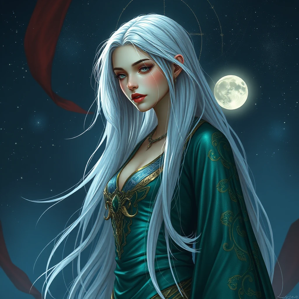 A captivating fantasy woman with long, flowing silver hair that cascades down her back like moonlight captured in silk, wearing intricate, shimmering robes of deep emerald green, set against a backdrop of starlit skies.