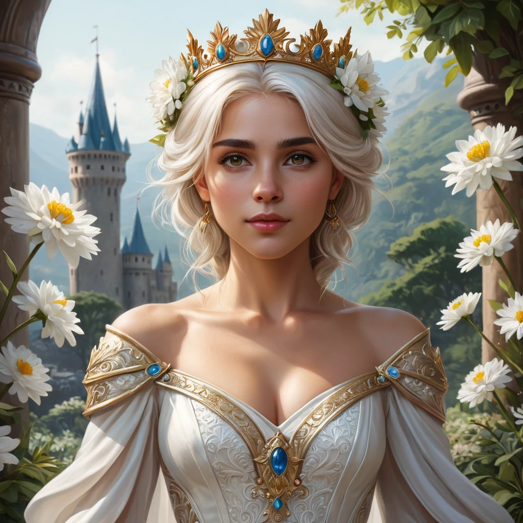 Ciri, the Lion Cub of Cintra, with a flowing white dress and a crown of flowers