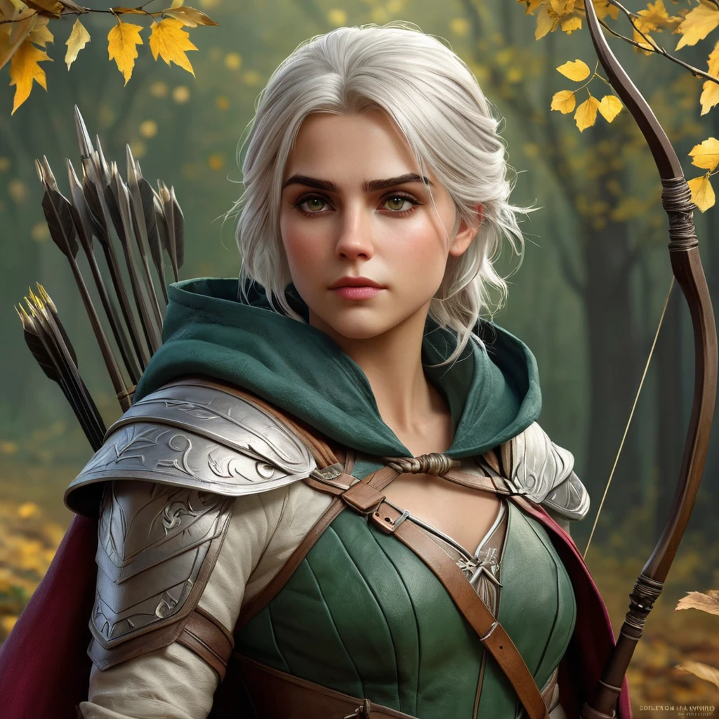 Ciri, the huntress, with a bow and quiver full of arrows and a cloak of leaves