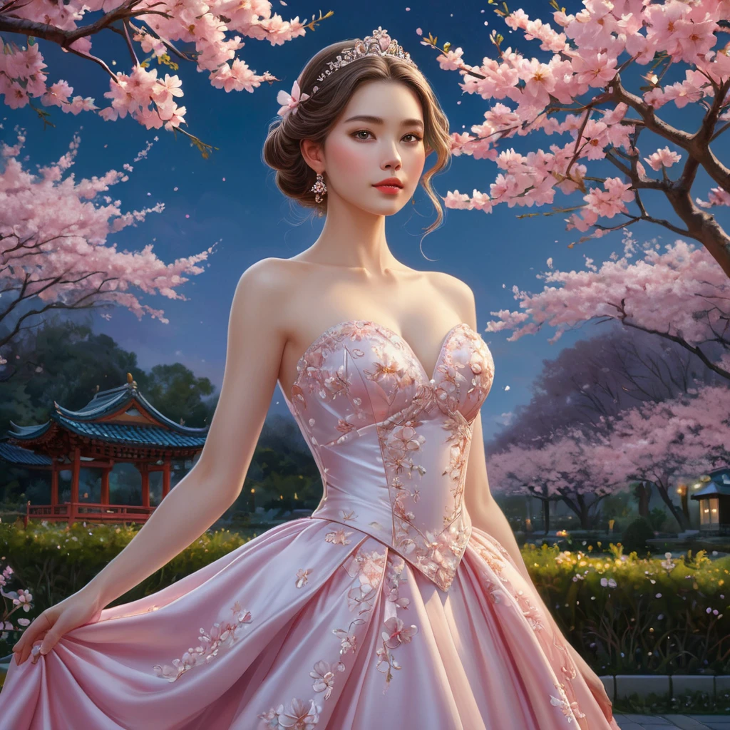 A princess with skin as smooth as porcelain, dressed in a gown of cherry blossoms, standing in a garden where the flowers bloom in vibrant colors under a twilight sky.