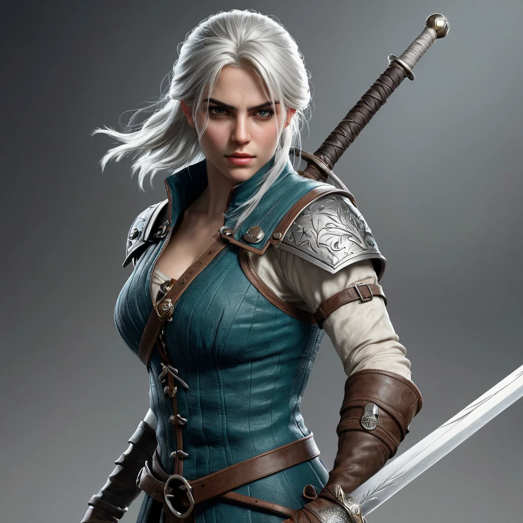 Ciri, the fierce and powerful witcher, wielding her sword in a dynamic action pose. Highly detailed, gritty, and realistic rendering.