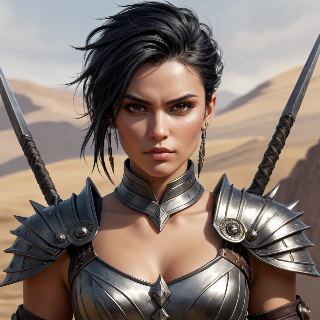 A fierce and beautiful warrior, inspired by the Nilfgaardian army, with short, spiky black hair and piercing brown eyes, standing in a battle-ready pose