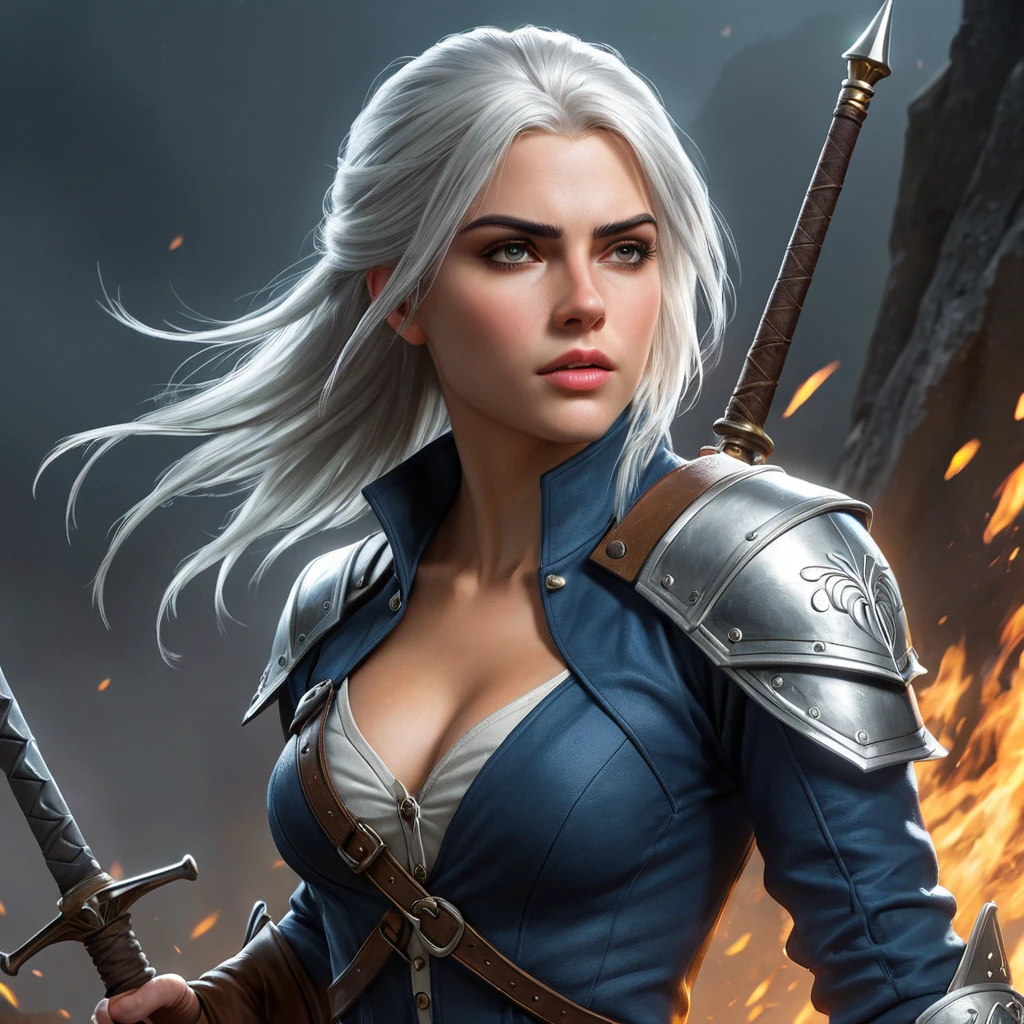 Ciri, the witcher's protégé, locked in a fierce battle with a monstrous foe, her skills and determination on full display. Dynamic, intense, and visceral.