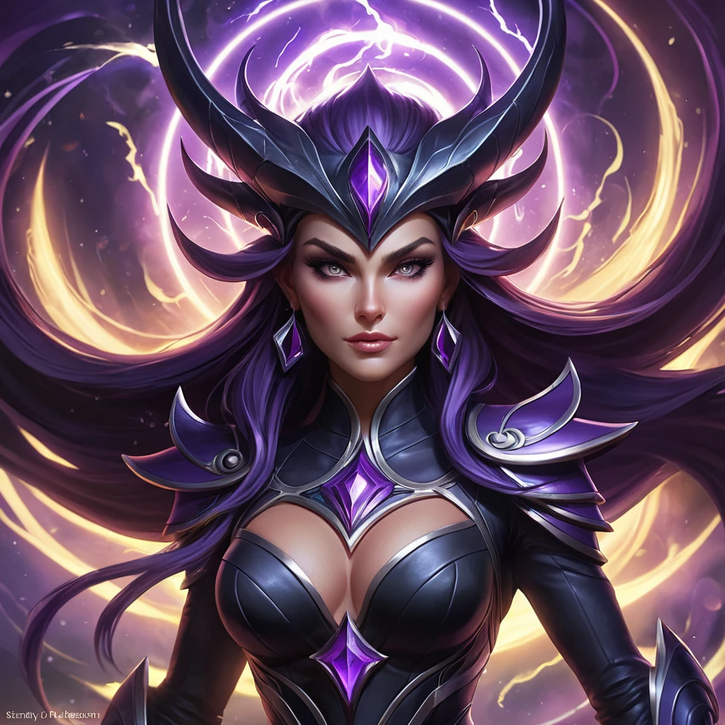 A vibrant and dynamic depiction of Syndra, the Dark Sovereign, with a swirling storm of energy and a fierce determination