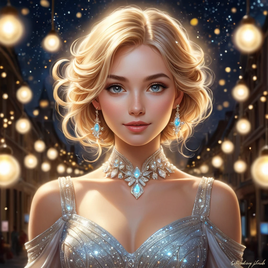 A whimsical depiction of Lux, the Lady of Luminosity, surrounded by sparkling lights and a soft glow