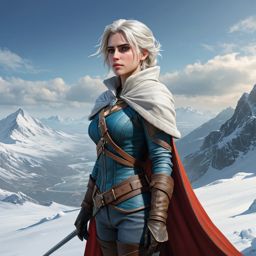 Ciri from The Witcher 3 standing atop a snowy mountain, her cape billowing in the wind, looking out over a vast, icy landscape with a determined expression.