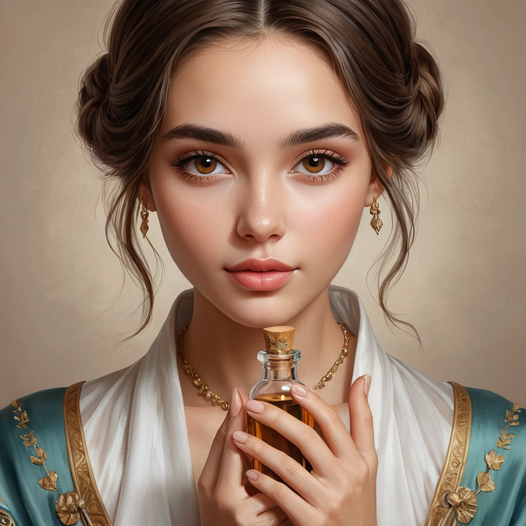 A close-up portrait of a young woman, inspired by Shani, her warm brown eyes filled with kindness, her hands delicately holding a vial of potion, a faint blush on her cheeks