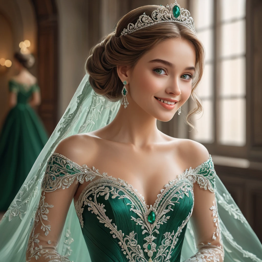 A radiant princess with skin like porcelain and eyes the color of emeralds, her gown a masterpiece of intricate embroidery and delicate lace, her gentle smile reflecting the warmth of her heart.