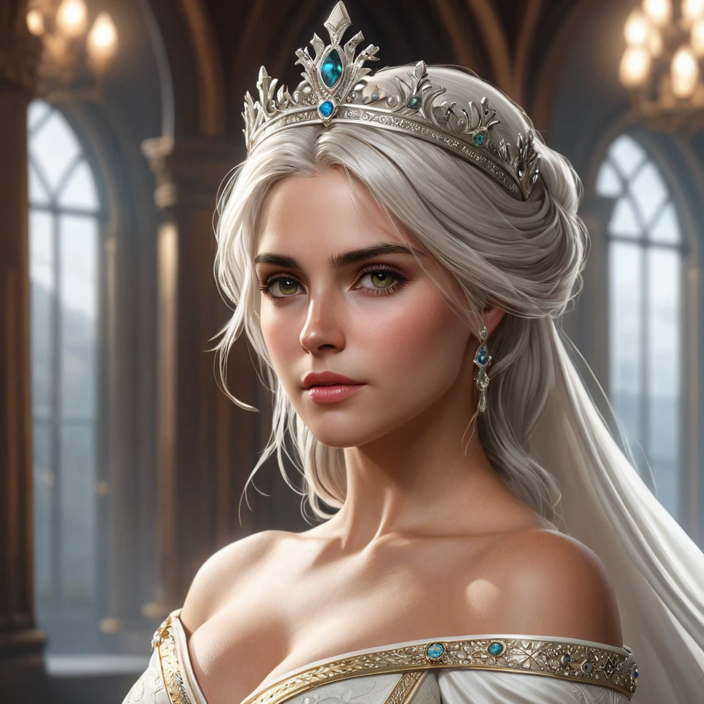 Ciri, the queen, with a regal crown and a flowing white gown