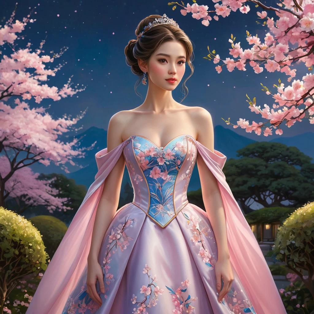 A princess with skin as smooth as porcelain, dressed in a gown of cherry blossoms, standing in a garden where the flowers bloom in vibrant colors under a twilight sky.