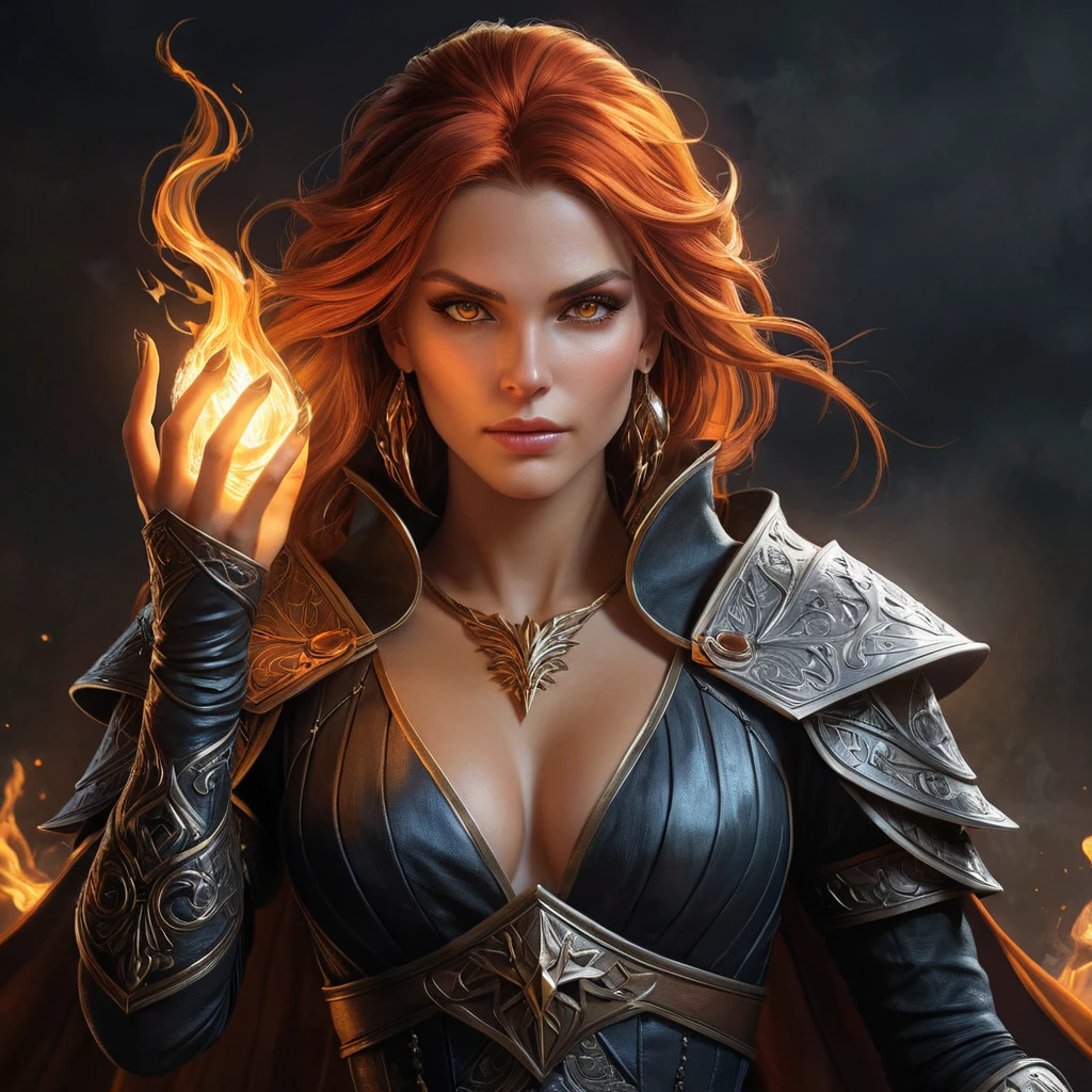 A stunning sorceress, inspired by the Witcher universe, with a fierce and powerful presence, her hair ablaze with fire, her eyes glowing with magic, her hands raised, commanding the elements