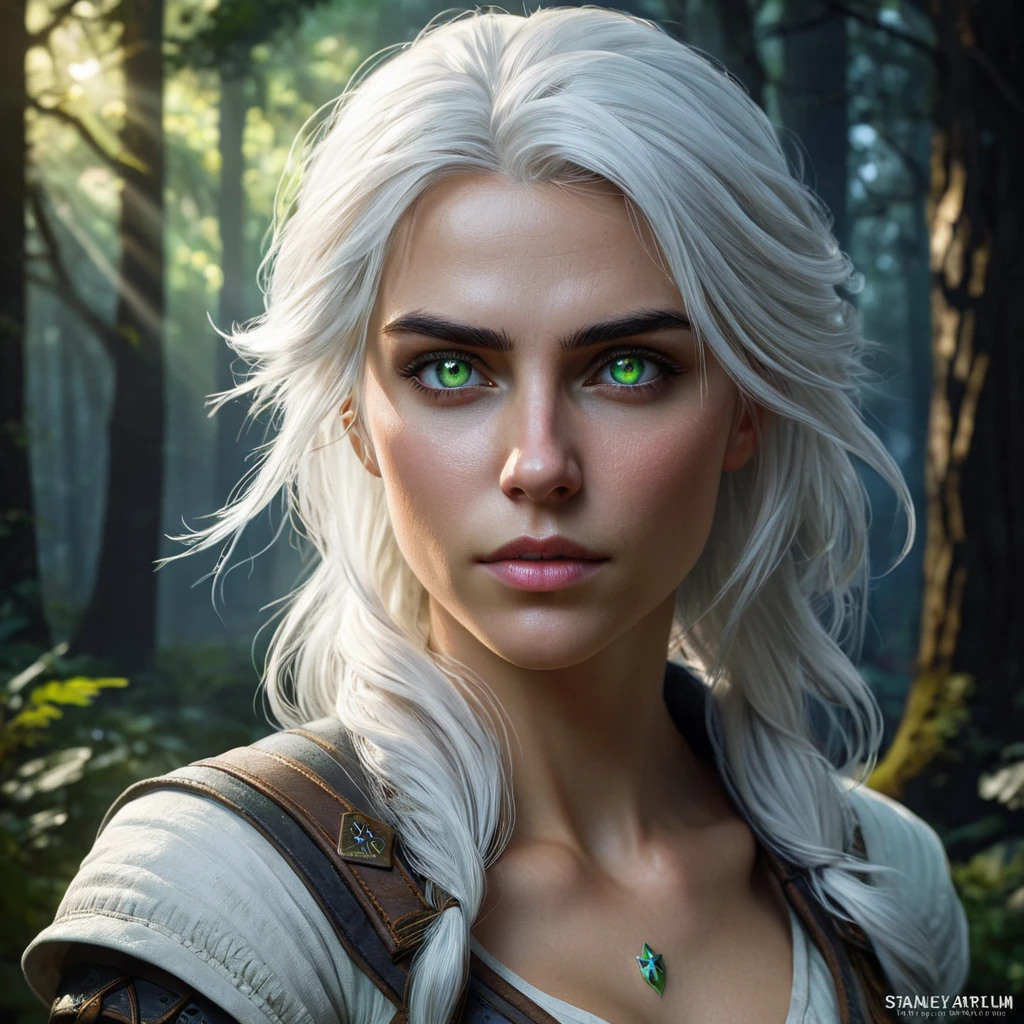 A stunningly detailed portrait of Ciri from The Witcher 3, with her white hair flowing, fierce green eyes, and her signature scar across her cheek, standing in a dark forest with mystical blue light surrounding her.