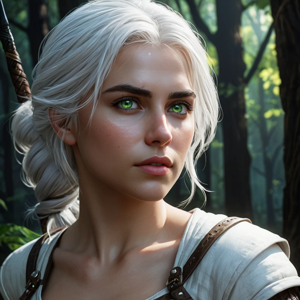 A stunningly detailed portrait of Ciri from The Witcher 3, with her white hair flowing, fierce green eyes, and her signature scar across her cheek, standing in a dark forest with mystical blue light surrounding her.