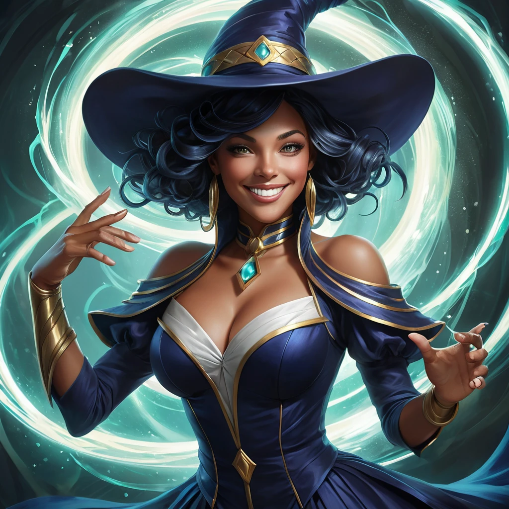 A dramatic rendering of LeBlanc, the Magical Mimic, with a mischievous grin and a swirling vortex of magic