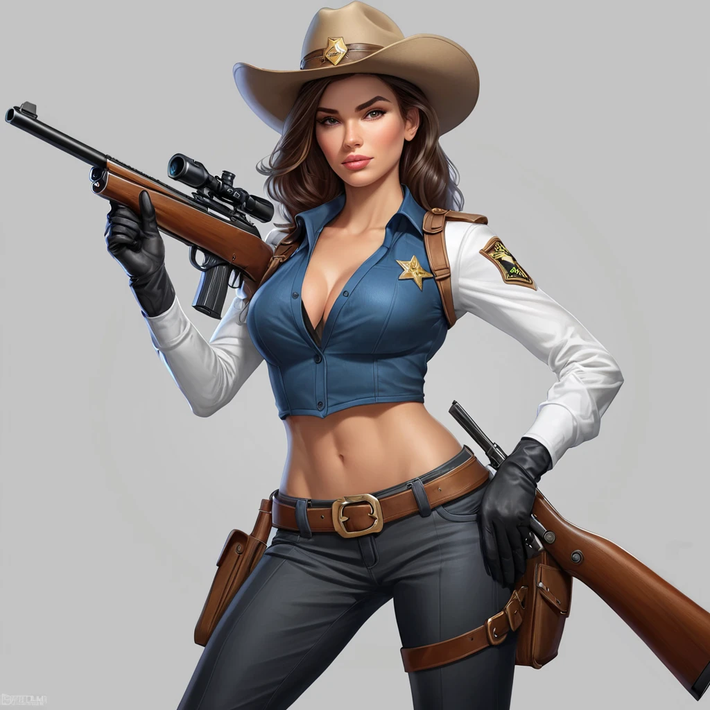 A bold and striking illustration of Caitlyn, the Sheriff of Piltover, with a confident pose and a rifle at the ready