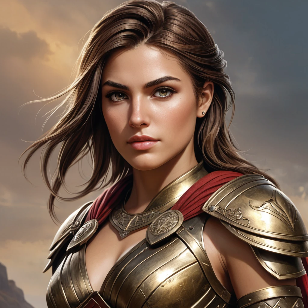 A detailed portrait of Kassandra, the powerful Spartan warrior from Assassin's Creed, standing tall and proud in her bronze armor, her piercing gaze commanding attention.