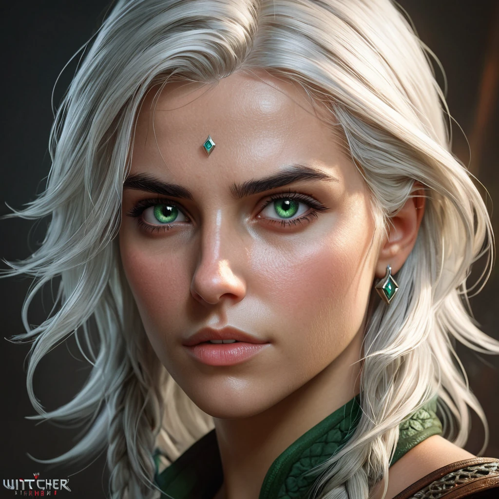 A stunning portrait of Ciri from The Witcher 3, her piercing green eyes and fierce expression commanding attention. Detailed, hyperrealistic, cinematic lighting.